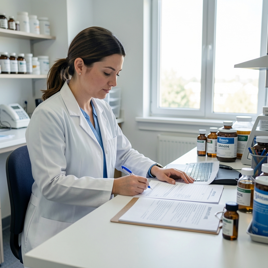 Saltora nutrition professional at a documentation desk reviewing batch records and ingredient sourcing files in a clean workspace with natural lighting