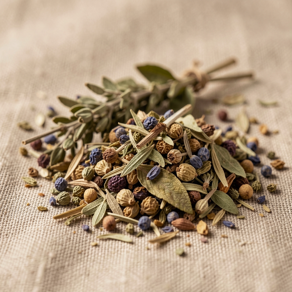 Close-up of natural botanical ingredients used in Saltora formulations — dried herbs on linen surface, controlled lighting