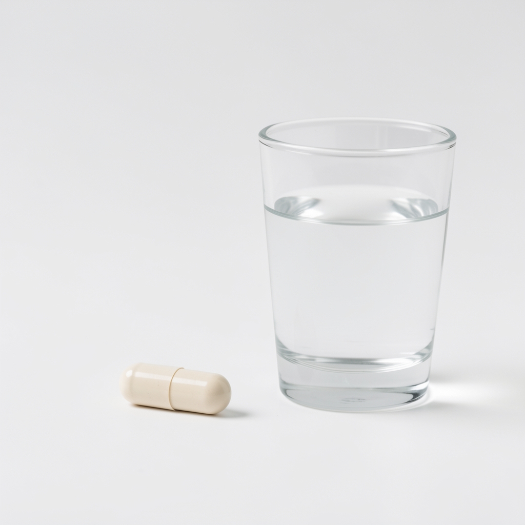 Saltora daily supplement serving — one capsule and glass of water on a white surface, minimal composition, studio lighting