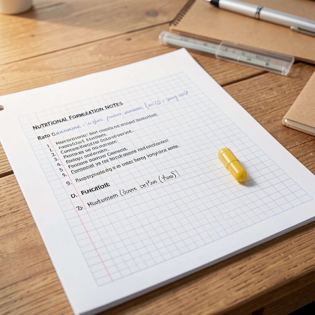 Nutritional formulation notes and ratio calculations on graph paper beside a supplement capsule on a wooden work desk, bright studio lighting