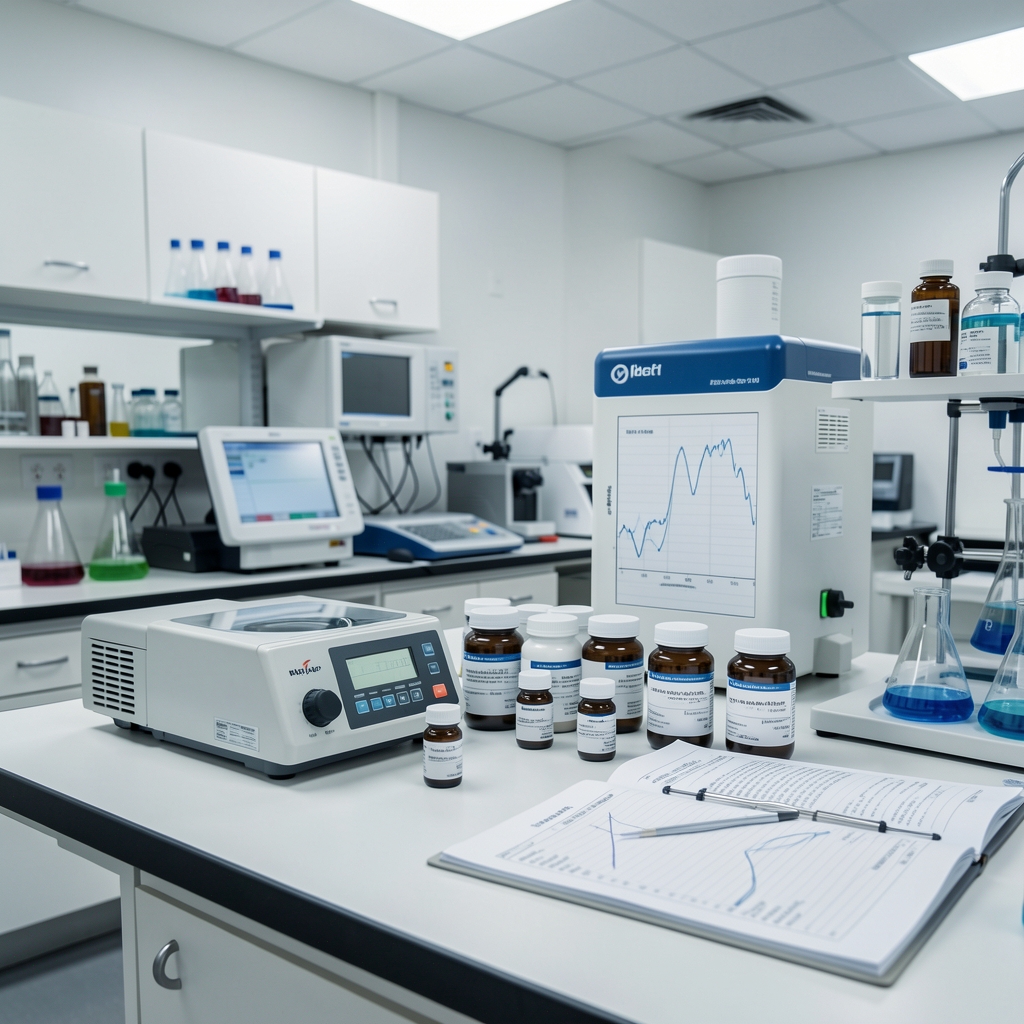 Laboratory analysis of supplement batch samples showing testing equipment and measurement documentation in a quality-control environment with controlled lighting