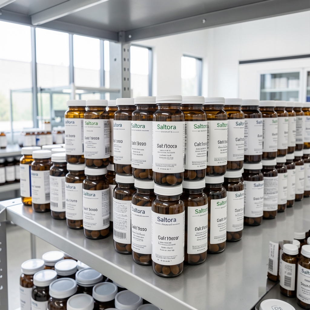 Rows of glass amber supplement jars with Saltora batch codes on a storage shelf, in a quality-controlled facility